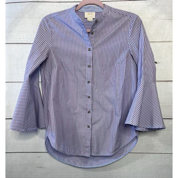 Maeve Anthropologie Striped Blouse Button Up Office Academia Flared Sleeves Sz 2 - Picture 1 of 5